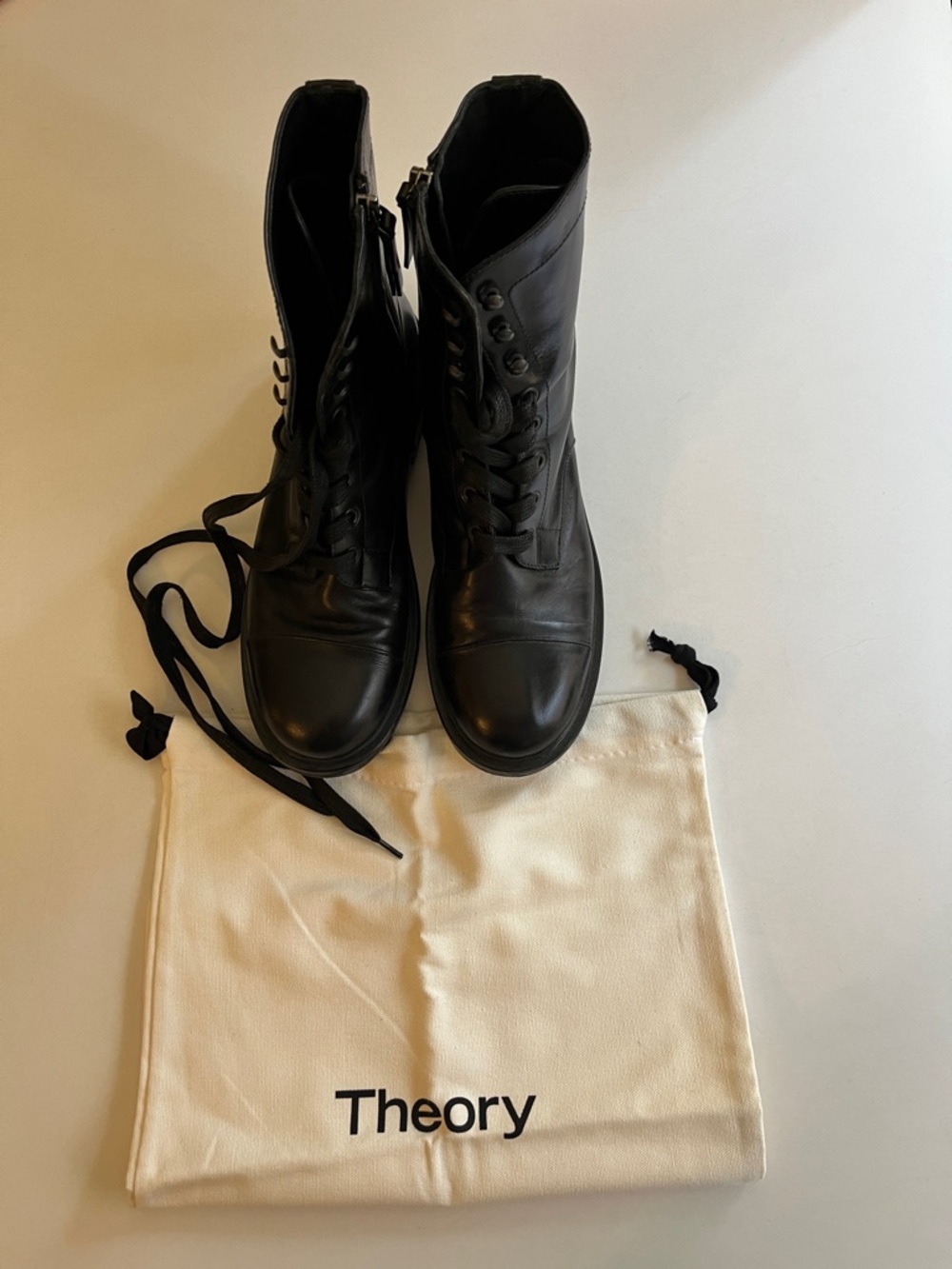 Theory Black Leather Lace-Up Ankle Boots with Side Zipper